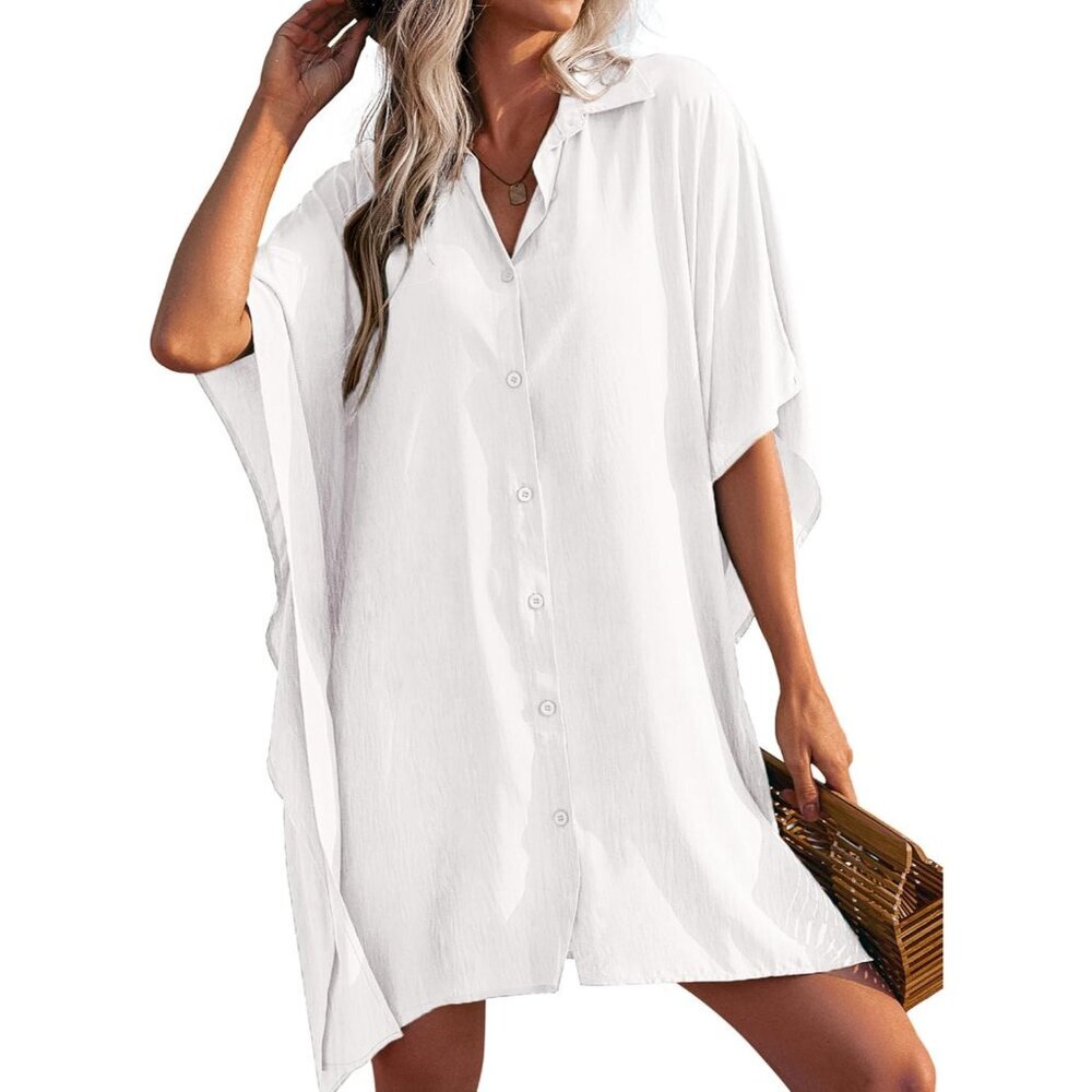 Women White Sleeve Beachwear Bikini Button Down Oversized Cover Up Shirt